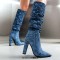 Pointed Toe Plaited Design Elegant Knee Highs Slip On Chunky Heels Boots - Blue Fabric