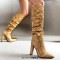 Pointed Toe Plaited Design Elegant Knee Highs Slip On Chunky Heels Boots - Yellow Fabric