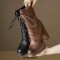 Round Toe Chunky Heels Low Platforms Classics Lace Up Stylish Boots - Brown