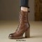 Round Toe Chunky Heels Low Platforms Classics Lace Up Stylish Boots - Brown