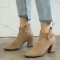 Pointed Toe Chunky Heels Ankle Buckle Straps Ankle High Warm Season Suede Zipper Booties  - Apricot Tan