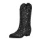 Pointed Toe Chunky Heels Pull On Glitters Blings Western Cowgirl Booties - Black