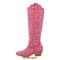Pointed Toe Chunky Heels Pull On Rhinestones Beads Western Boots - Pink