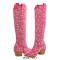 Pointed Toe Chunky Heels Pull On Rhinestones Beads Western Boots - Pink