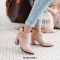 Pointed Toe Chunky Heels Ankle Buckle Straps Ankle High Warm Season Zipper Booties  - Beige