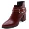 Pointed Toe Chunky Heels Ankle Buckle Straps Ankle High Warm Season Zipper Booties  - Wine Red