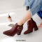 Pointed Toe Chunky Heels Ankle Buckle Straps Ankle High Warm Season Zipper Booties  - Wine Red