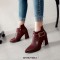 Pointed Toe Chunky Heels Ankle Buckle Straps Ankle High Warm Season Zipper Booties  - Wine Red