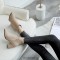 Pointed Toe Chunky Heels Ankle High Rhinestones Side Zipper Booties  - Beige