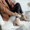 Pointed Toe Chunky Heels Ankle High Rhinestones Side Zipper Booties  - Beige