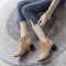 Pointed Toe Chunky Heels Ankle High Faux Pearls Side Zipper Booties - Apricot Tan