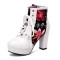 Round Toe Block Heels Printed Platforms Lace Up Flowers Ankle Highs Boots - White Black Faux Leather
