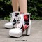 Round Toe Block Heels Printed Platforms Lace Up Flowers Ankle Highs Boots - White Black Faux Leather
