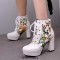 Round Toe Block Heels Printed Platforms Lace Up Flowers Ankle Highs Boots - White Green Faux Leather