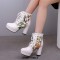 Round Toe Block Heels Printed Platforms Lace Up Flowers Ankle Highs Boots - White Green Faux Leather