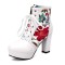 Round Toe Block Heels Printed Platforms Lace Up Flowers Ankle Highs Boots - White Red Faux Leather