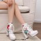 Round Toe Block Heels Printed Platforms Lace Up Flowers Ankle Highs Boots - White Red Faux Leather