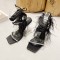 Peep Toe  Feather and Rhinestones Decorated Ankle Gladiator Straps Pointed Transparent Heels Sandals - Black Satin