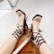 Peep Toe  Feather and Rhinestones Decorated Ankle Gladiator Straps Pointed Transparent Heels Sandals - Black Satin