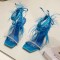 Peep Toe  Feather and Rhinestones Decorated Ankle Gladiator Straps Pointed Transparent Heels Sandals - Blue Satin