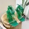Peep Toe  Feather and Rhinestones Decorated Ankle Gladiator Straps Pointed Transparent Heels Sandals - Green Satin