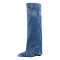 Pointed Toe Knee High Fold Over Denim Pants Wedges Boots - Blue