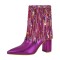 Pointed Toe Chunky Heels Fringe Rhinestones Blings Ankle High Zipper Western Boots - Fuchsia