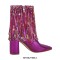 Pointed Toe Chunky Heels Fringe Rhinestones Blings Ankle High Zipper Western Boots - Fuchsia