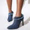 Pointed Toe Stiletto Heels Ankle High Denim Zipper Booties  - Blue