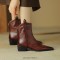 Pointed Toe Chunky Heels Ankle High Vintage Motorcycle Zipper Booties - Brown