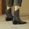 Pointed Toe Chunky Heels Ankle High Vintage Motorcycle Zipper Booties - Gray