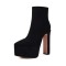 Pointed Toe Platforms Chunky Heels Ankle Highs Booties - Black Flock