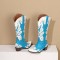 Pointed Toe Chunky Heels Slip On Cowboy Western Knee High Boots - Blue