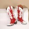 Pointed Toe Chunky Heels Slip On Cowboy Western Knee High Boots - Red