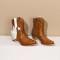 Pointed Toe Chunky Heels Western Cowboy Style Side Zipper Fringer Star Nail Decor Boots - Brown