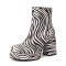 Round Toe Platforms Chunky Heels Zebra Pattern Ankle Highs Boots - White Tan Patent