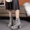 Round Toe Platforms Chunky Heels Zebra Pattern Ankle Highs Boots - White Tan Patent