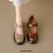 Round Toe Chunky Heels Mary Janes Buckle Straps Pumps - Brown