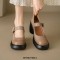 Round Toe Chunky Heels Mary Janes Buckle Straps Pumps - Tan