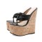 Peep Toe Platforms Cork T Straps Flip Flops Summer Sandals - Black Faux Leather