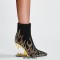 Pointed Toe Strange Leopard Teeth Heels Flame Rhinestones Beads Ankle Highs Booties - Gold