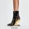 Pointed Toe Strange Leopard Teeth Heels Flame Rhinestones Beads Ankle Highs Booties - Gold