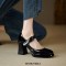 Round Toe Chunky Heels Mary Janes Buckle Straps Pumps - Black