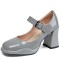 Round Toe Chunky Heels Mary Janes Buckle Straps Pumps - Gray