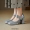 Round Toe Chunky Heels Mary Janes Buckle Straps Pumps - Gray