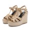 Peep Toe Hemb Rope Platforms Ankle Buckle T Straps Summer Wedges Sandals - Apricot Leather