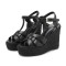 Peep Toe Hemb Rope Platforms Ankle Buckle T Straps Summer Wedges Sandals - Black Leather