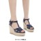 Peep Toe Hemb Rope Platforms Ankle Buckle T Straps Summer Wedges Sandals - Blue Leather