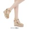 Peep Toe Hemb Rope Platforms Ankle Buckle T Straps Summer Wedges Sandals - Gold Leather