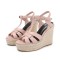 Peep Toe Hemb Rope Platforms Ankle Buckle T Straps Summer Wedges Sandals - Pink Leather